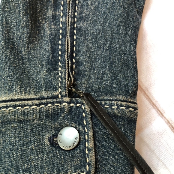 Vintage Elie Tahari Tapered Fitted Blue Denim Jacket Faux Leather Women's Small - Picture 15 of 16